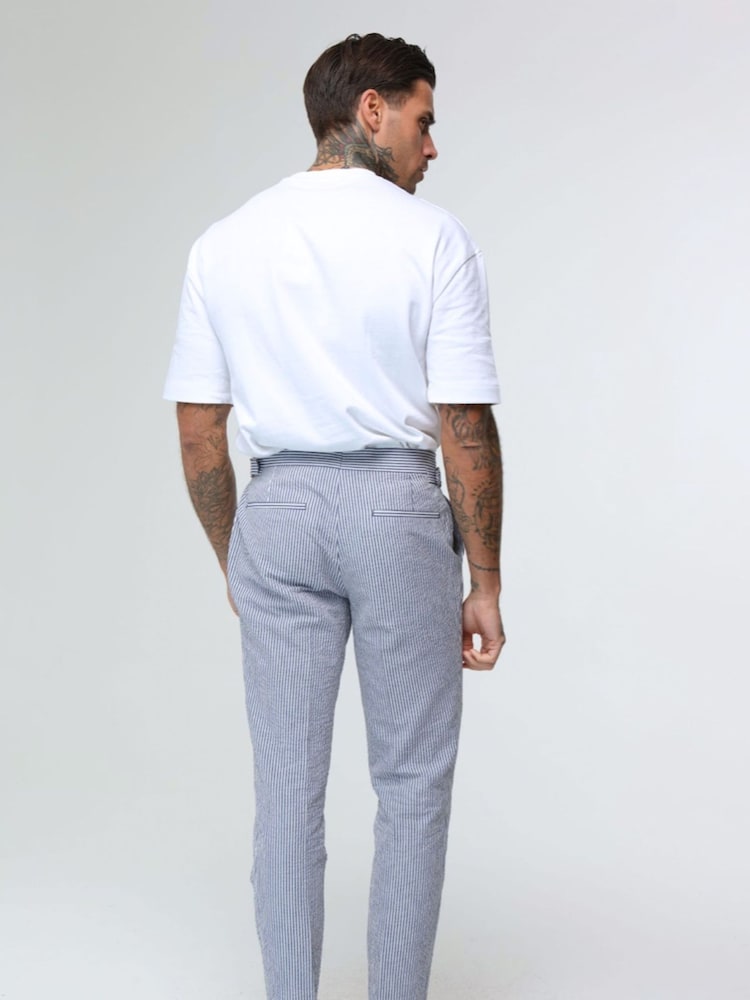 Harry Brown Blue Deakin Cotton Linen Seersucker Tailored Fit Trousers - Image 2 of 7