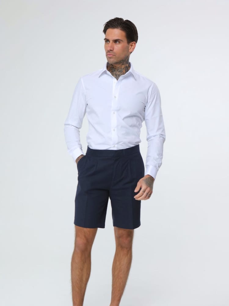 Harry Brown Navy Blue Decorate Cotton Linen Blend Shorts - Image 1 of 4 Harry Brown Navy Blue Decorate Cotton Linen Blend Shorts - Image 1 of 4
