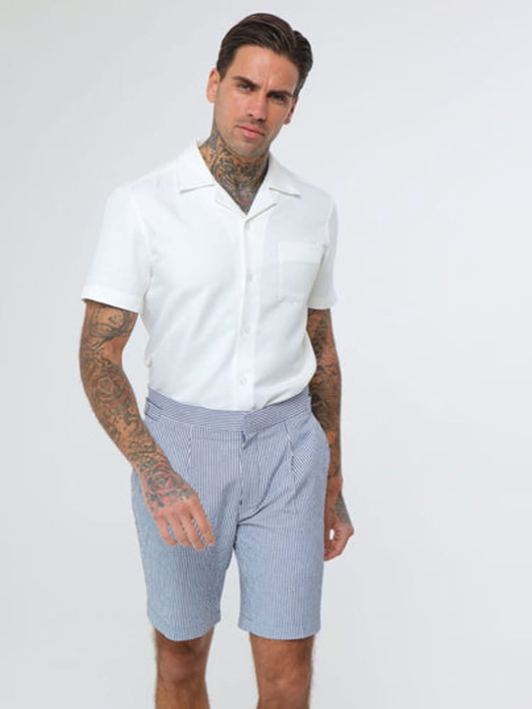 Harry Brown Blue Deakin Cotton Linen Seersucker Shorts - Image 1 of 9