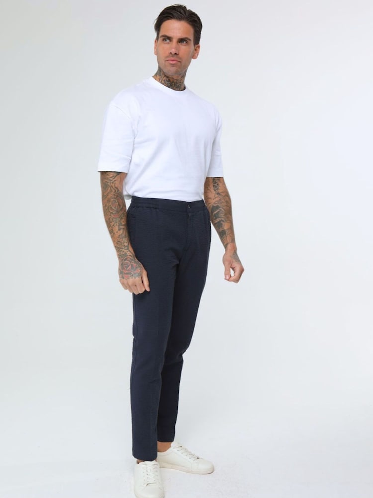 Harry Brown Blue Deakin Cotton Linen Seersucker Tailored Fit Trousers - Image 1 of 4 Harry Brown Blue Deakin Cotton Linen Seersucker Tailored Fit Trousers - Image 1 of 4
