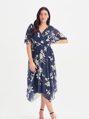 Scarlett & Jo Navy Blue & Cream Julie Hanky Hem Dress - Image 2 of 5