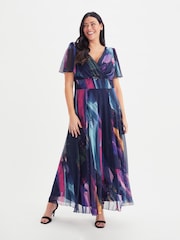 Scarlett & Jo Navy Blue & Purple Multi Brush Stroke Isabelle Angel Sleeve Maxi Dress - Image 1 of 5