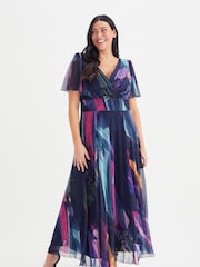 Scarlett & Jo Navy Blue & Purple Multi Brush Stroke Isabelle Angel Sleeve Maxi Dress - Image 2 of 5