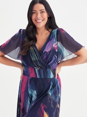 Scarlett & Jo Navy Blue & Purple Multi Brush Stroke Isabelle Angel Sleeve Maxi Dress - Image 3 of 5
