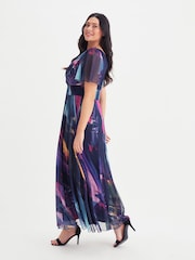 Scarlett & Jo Navy Blue & Purple Multi Brush Stroke Isabelle Angel Sleeve Maxi Dress - Image 4 of 5
