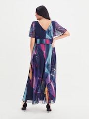 Scarlett & Jo Navy Blue & Purple Multi Brush Stroke Isabelle Angel Sleeve Maxi Dress - Image 5 of 5