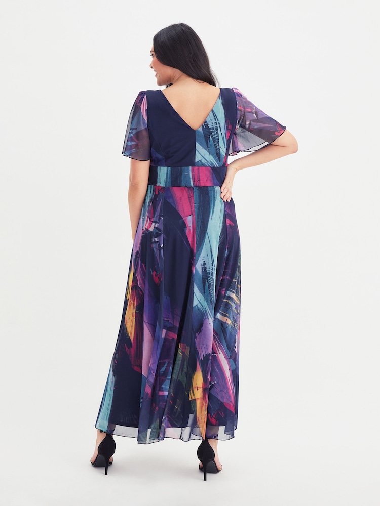 Scarlett & Jo Navy Blue & Purple Multi Brush Stroke Isabelle Angel Sleeve Maxi Dress - Image 5 of 5
