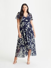 Scarlett & Jo Navy Blue Tilly Print Angel Sleeve Sweetheart Dress - Image 1 of 5