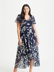 Scarlett & Jo Navy Blue Tilly Print Angel Sleeve Sweetheart Dress - Image 2 of 5