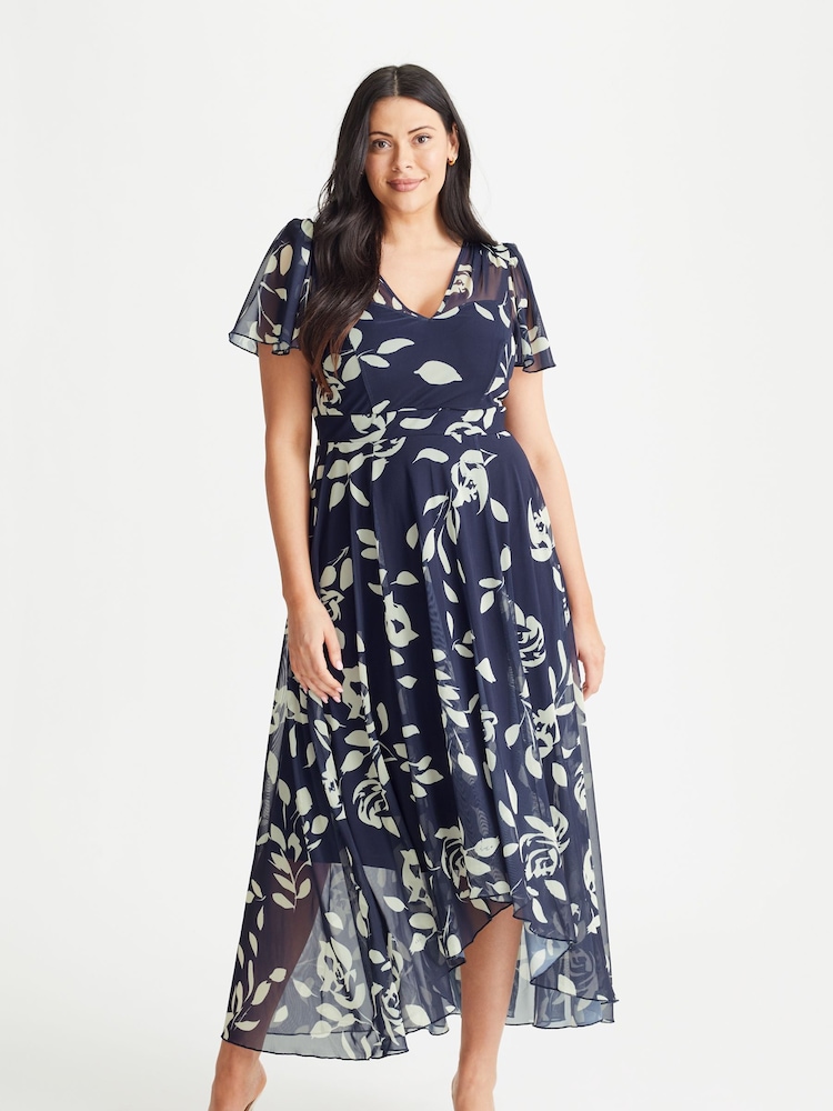 Scarlett & Jo Navy Blue Tilly Print Angel Sleeve Sweetheart Dress - Image 2 of 5