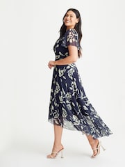 Scarlett & Jo Navy Blue Tilly Print Angel Sleeve Sweetheart Dress - Image 3 of 5