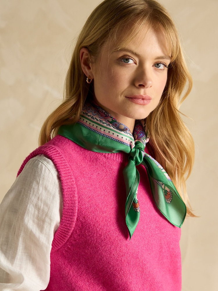 Зеленый и розовый с принтом - Joules Elsie 100% Silk Scarf - Image 1 of 6