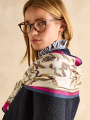 Joules Windsor Cream & Pink Printed Long 100% Silk Scarf - Image 3 of 6