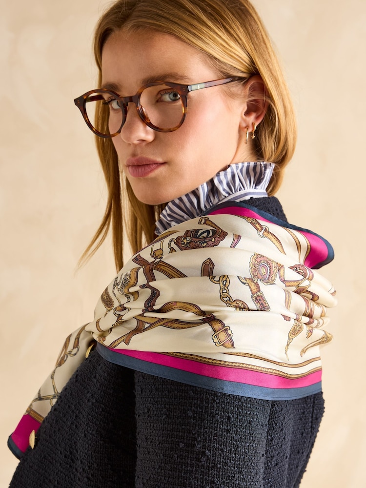 Joules Windsor Cream & Pink Printed Long 100% Silk Scarf - Image 3 of 6