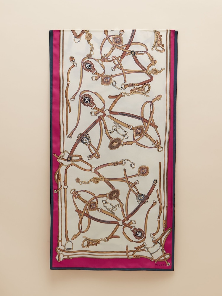Joules Windsor Cream & Pink Printed Long 100% Silk Scarf - Image 4 of 6