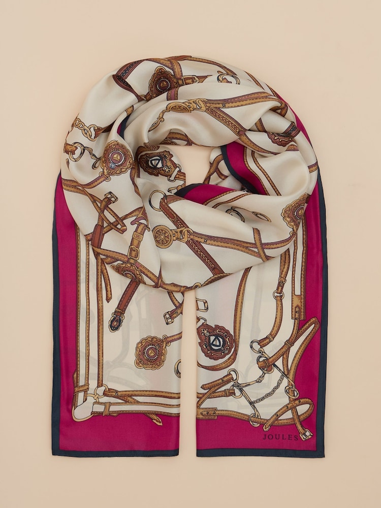 Joules Windsor Cream & Pink Printed Long 100% Silk Scarf - Image 6 of 6