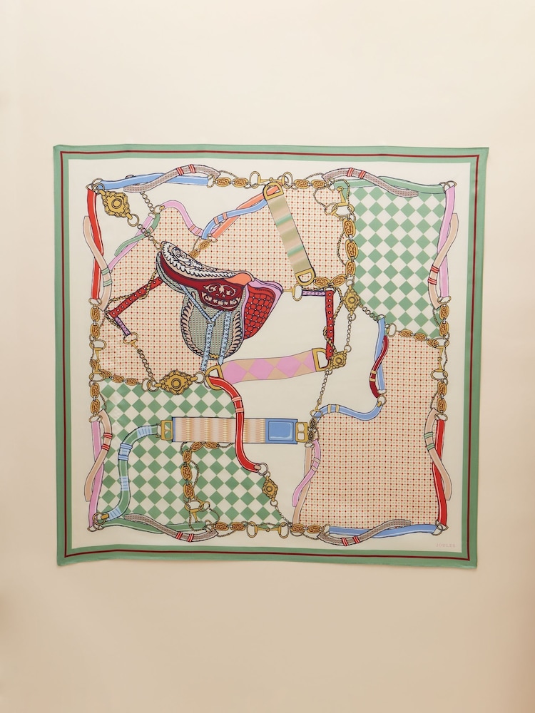 Joules Bloomfield Green/Ecru Square 100% Silk Scarf - Image 3 of 5