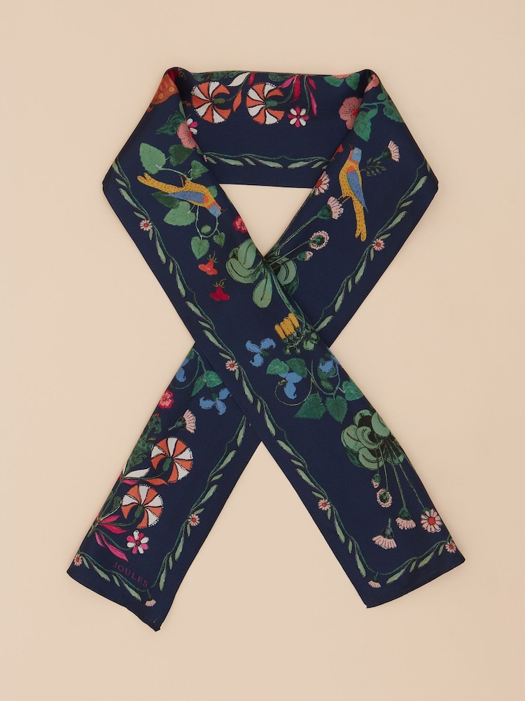 Joules Highgrove Navy Blue Skinny Printed 100% Silk Scarf - Image 6 of 6