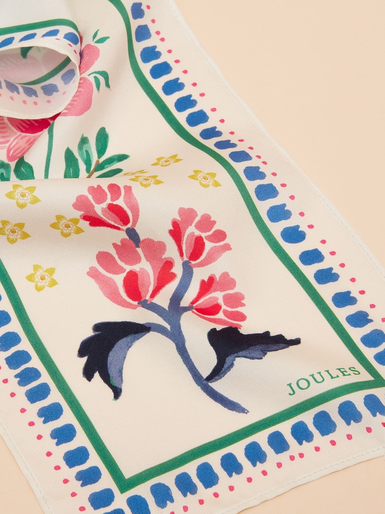 Joules Highgrove Cream Tile Print Skinny Printed 100% Silk Scarf - Image 5 of 5