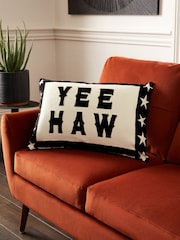 Monochrome Yee Haw Slogan Velvet Cushion - Image 1 of 5