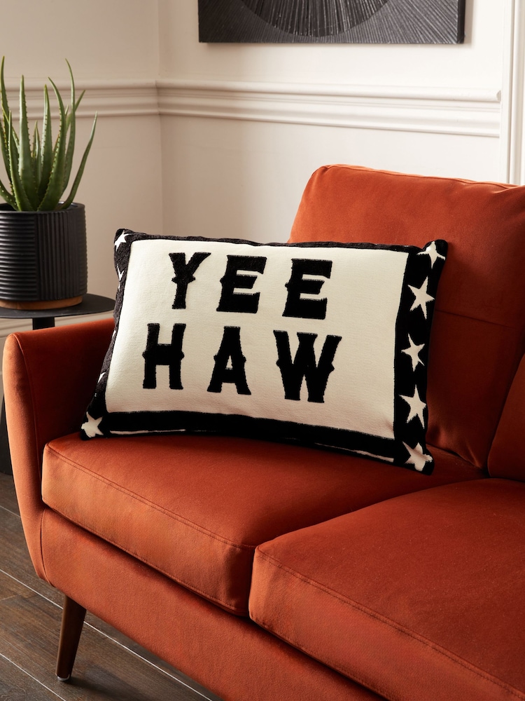 Monochrome Yee Haw Slogan Velvet Cushion - Image 1 of 5