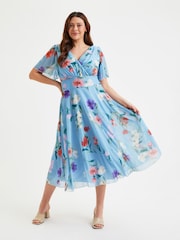 Scarlett & Jo Blue Victoria Angel Sleeve Mesh Midi long Dress - Image 1 of 4