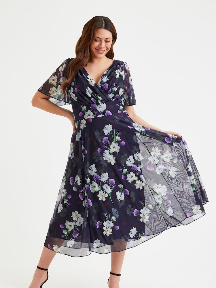 Scarlett & Jo Dark Blue Victoria Angel Sleeve Mesh Midi long Dress - Image 1 of 4