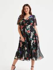 Scarlett & Jo Black & Pink Multi Floral Victoria Angel Sleeve Mesh Midi Dress - Image 2 of 5