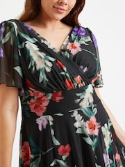 Scarlett & Jo Black & Pink Multi Floral Victoria Angel Sleeve Mesh Midi Dress - Image 3 of 5