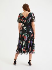 Scarlett & Jo Black & Pink Multi Floral Victoria Angel Sleeve Mesh Midi Dress - Image 5 of 5