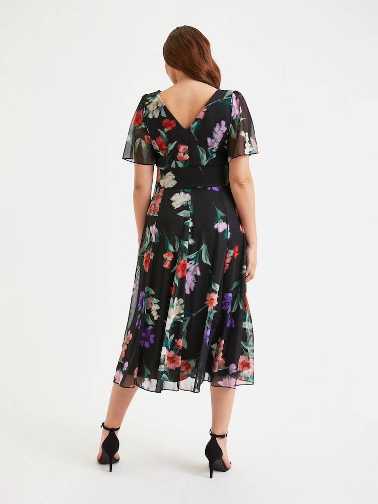 Scarlett & Jo Black & Pink Multi Floral Victoria Angel Sleeve Mesh Midi Dress - Image 5 of 5