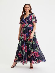 Scarlett & Jo Navy Blue & Pink Floral Curve Isabelle Angel Sleeve Maxi Dress - Image 1 of 5