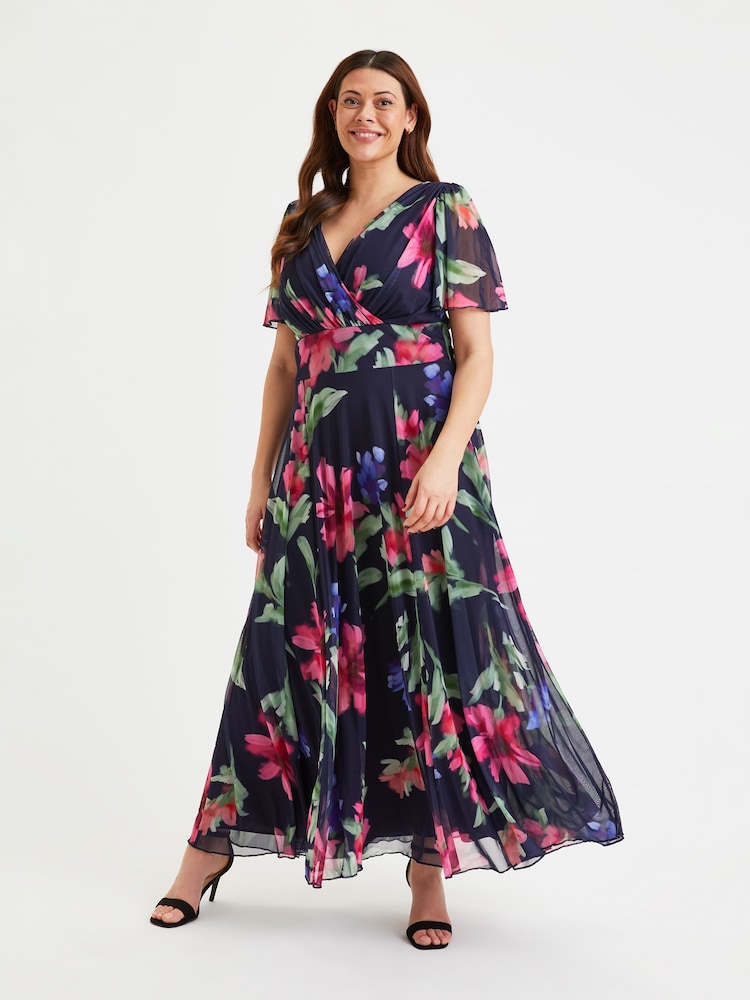 Scarlett & Jo Navy Blue & Pink Floral Curve Isabelle Angel Sleeve Maxi Dress - Image 1 of 5