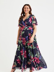 Scarlett & Jo Navy Blue & Pink Floral Curve Isabelle Angel Sleeve Maxi Dress - Image 2 of 5
