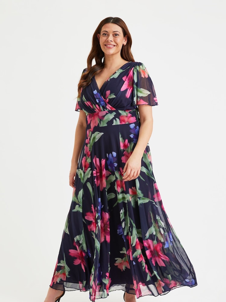 Scarlett & Jo Navy Blue & Pink Floral Curve Isabelle Angel Sleeve Maxi Dress - Image 2 of 5