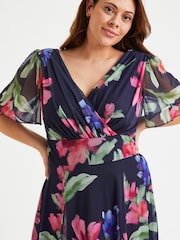 Scarlett & Jo Navy Blue & Pink Floral Curve Isabelle Angel Sleeve Maxi Dress - Image 3 of 5