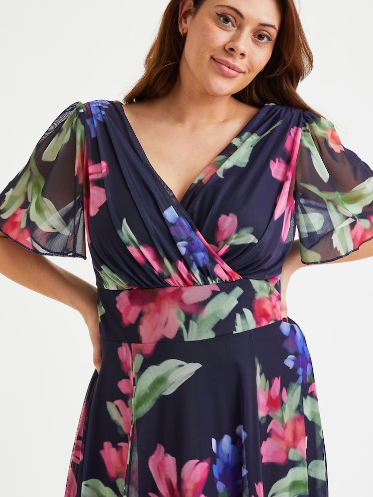 Scarlett & Jo Navy Blue & Pink Floral Curve Isabelle Angel Sleeve Maxi Dress - Image 3 of 5