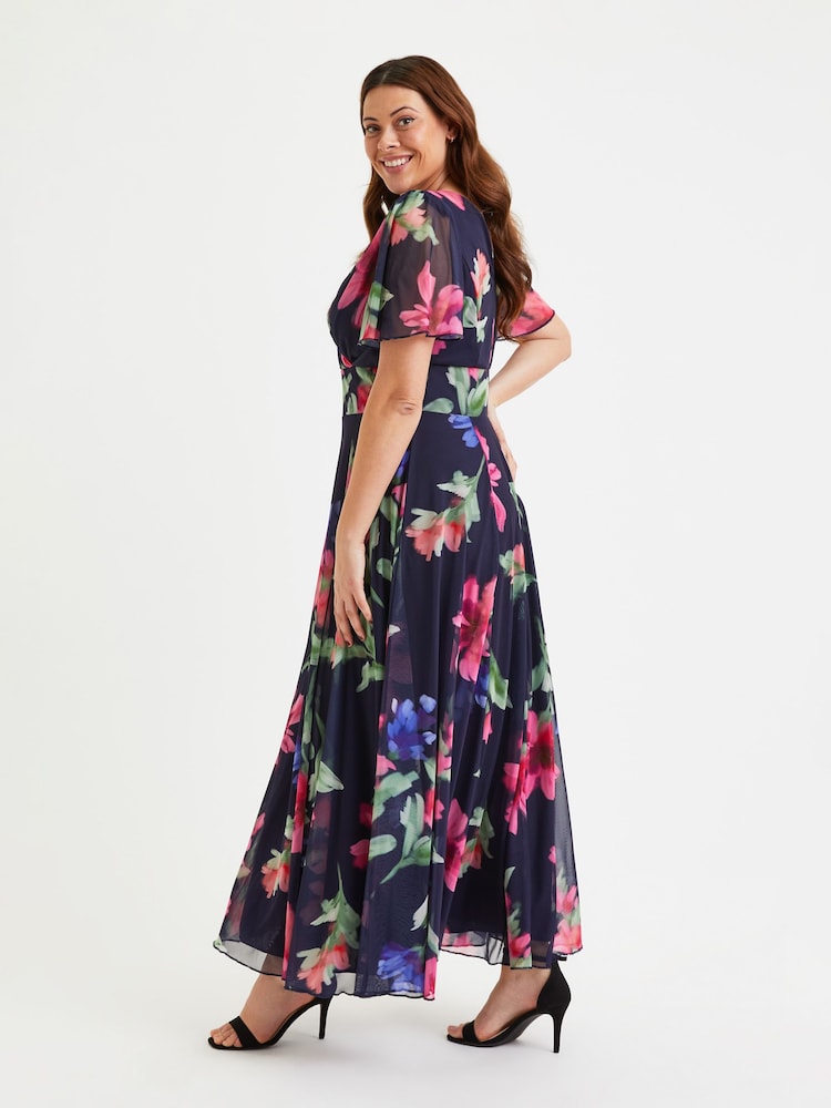 Scarlett & Jo Navy Blue & Pink Floral Curve Isabelle Angel Sleeve Maxi Dress - Image 4 of 5