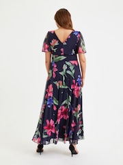 Scarlett & Jo Navy Blue & Pink Floral Curve Isabelle Angel Sleeve Maxi Dress - Image 5 of 5