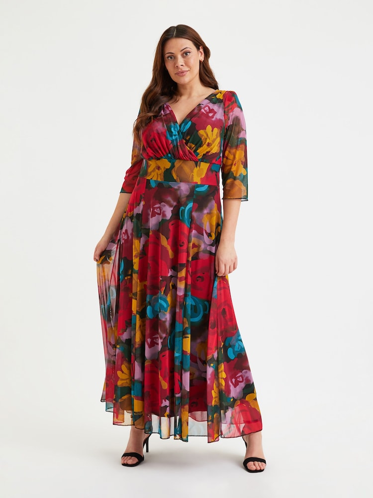 Rot Multiblümchen - Scarlett & Jo Float Isabelle Curve Angel Sleeve Maxi Dress - Bild 1 von 4 Rot Multiblümchen - Scarlett & Jo Float Isabelle Curve Angel Sleeve Maxi Dress - Bild 1 von 4