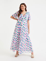 Scarlett & Jo Pink Purple & Green Polka Dot Isabelle Angel Sleeve Maxi Dress - Image 1 of 5