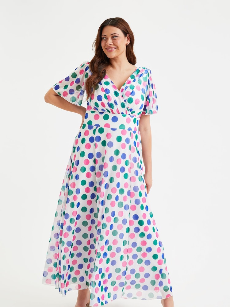 Rosa, Violett & Grün gepunktet - Scarlett & Jo – Isabelle – Maxikleid mit Flügelärmeln, Curve - Bild 2 von 5 Rosa, Violett & Grün gepunktet - Scarlett & Jo – Isabelle – Maxikleid mit Flügelärmeln, Curve - Bild 2 von 5