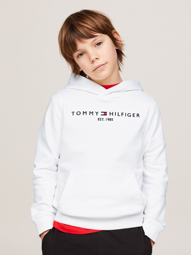 Tommy Hilfiger White Essential Logo Embroidery Hoodie - Image 1 of 10