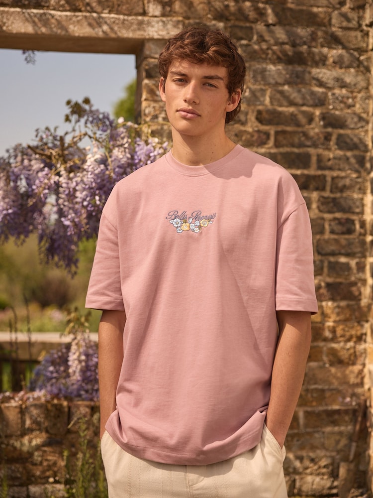 Pink EDIT Heavyweight Relaxed Floral Embroidery 100% Cotton Graphic T-Shirt - Image 1 of 7