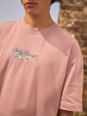 Pink EDIT Heavyweight Relaxed Floral Embroidery 100% Cotton Graphic T-Shirt - Image 4 of 7