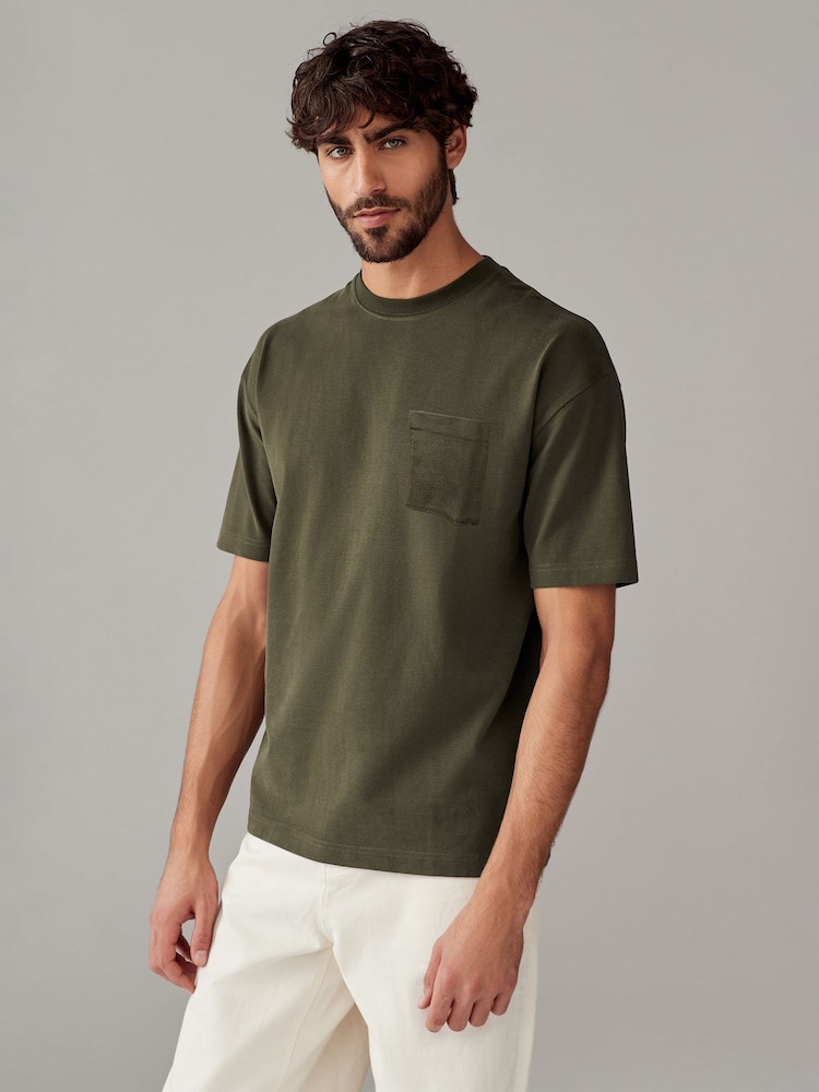 Khaki Green Relaxed Fit Supersoft Heavyweight Pocket 100% Cotton T-Shirt - Image 1 of 7