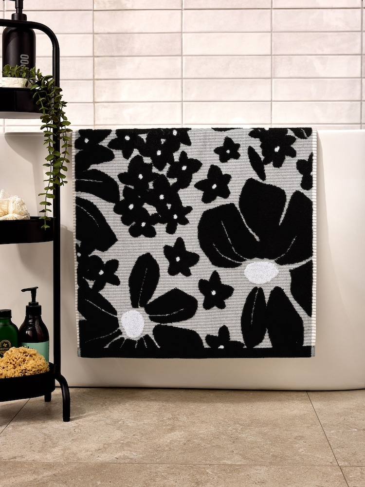Monochrome Floral Print 100% Cotton Towel - Image 1 of 7