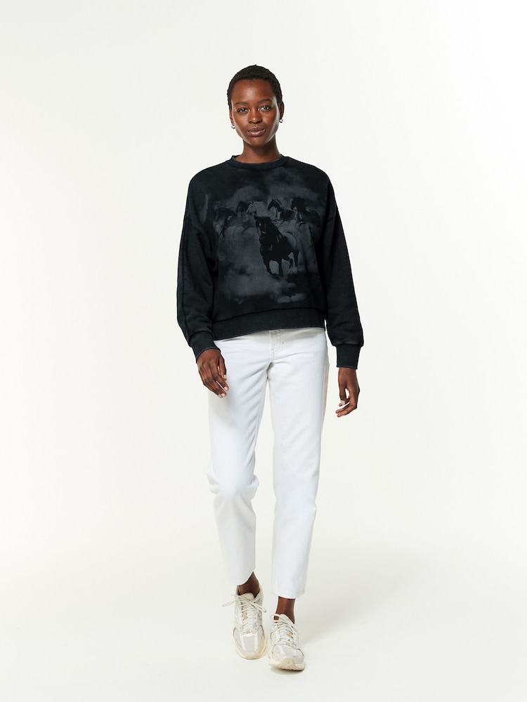 Washed Black Relaxed Fit Oversized Horse Graphic Sweatshirt - Image 2 of 7