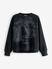 Washed Black Relaxed Fit Oversized Horse Graphic Sweatshirt - Image 6 of 7