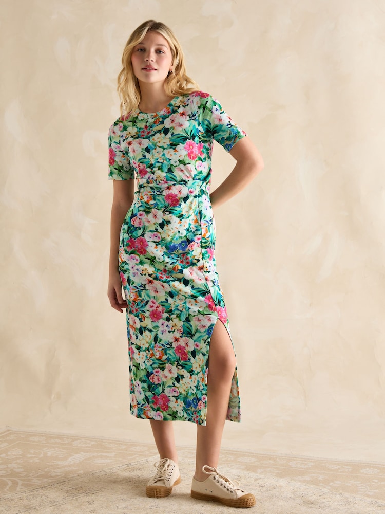 Joules Annabelle Green Floral Twist Jersey T-Shirt Dress - Image 1 of 7